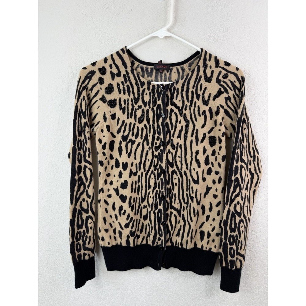 Escada 100% Cashmere Leopard Print Cardigan Sweater Beaded 34 / S Designer Italy